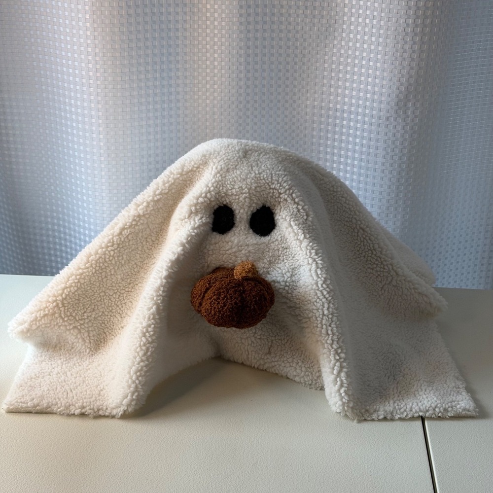 Pottery Barn Gus the Ghost With Pumpkin White Sherpa Shaped Pillow Halloween